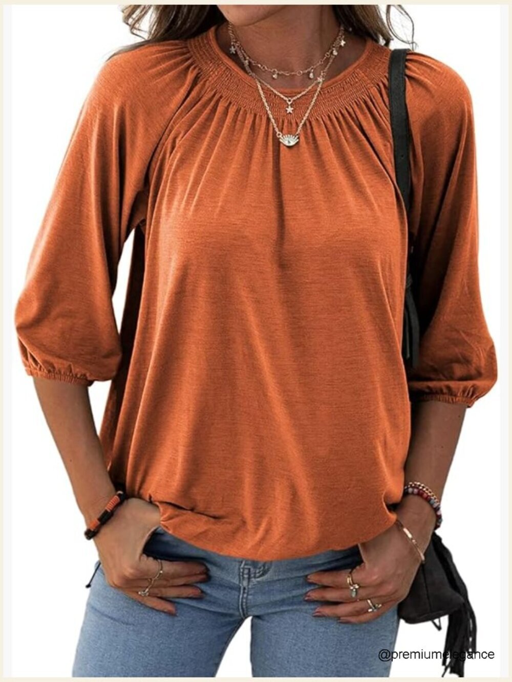 Solid Crew Neck T Shirt Blouse Cotton Half 3/4 Sleeve Casual Loose Pleated